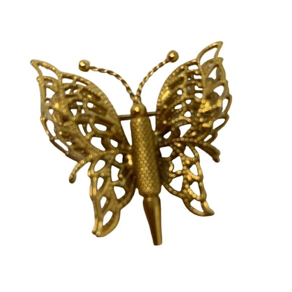 Vintage MONET Butterfly Brooch Gold Tone Double Wings Filigree Pin GrannyCore - Picture 10 of 10